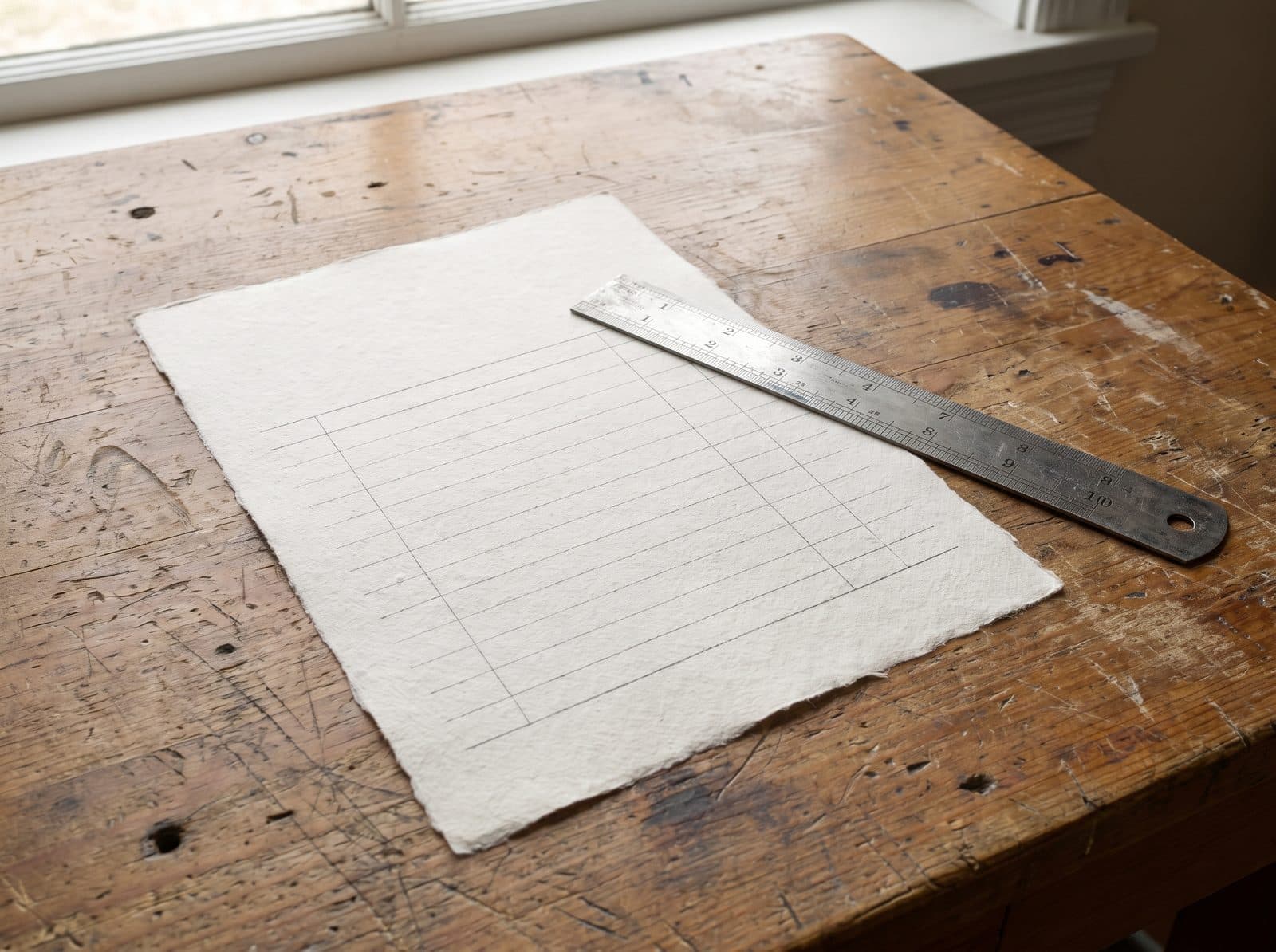 Blank ledger grid and a metal ruler.