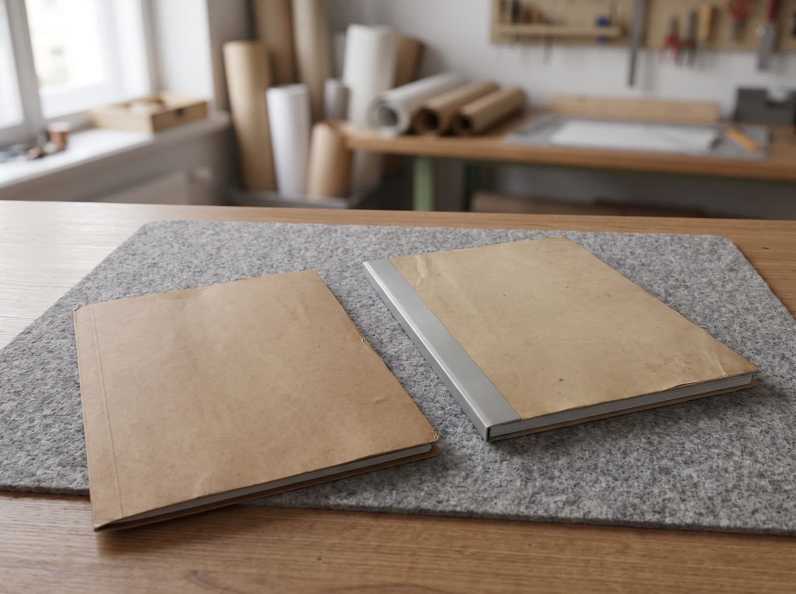 Closed ledgers on a work mat.